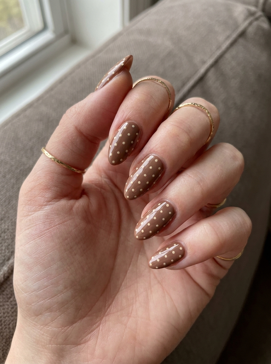 Brown Polka Dot Nails mit warmem Braun und hellen Punkten